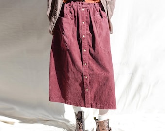 Burgundy Corduroy Midi Skirt: Handmade Retro Stripe Skirt With Big Pockets