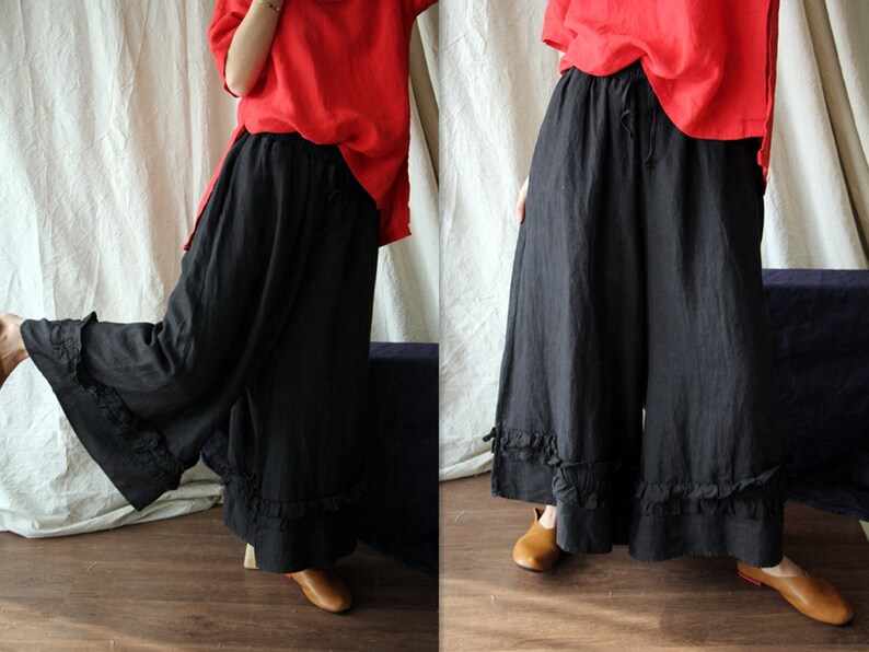 Women Linen Wide Leg Pants Loose Blue Maxi Pants Plus Size Long Pants Black Ladies Trousers Summer Boho High Waist Pants