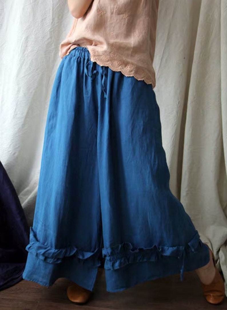 Women Linen Wide Leg Pants Loose Blue Maxi Pants Plus Size Long Pants Black Ladies Trousers Summer Boho High Waist Pants