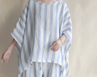 Striped 100% Linen Oversized Top: Boho Summer Tunic Loose Fitting Tops