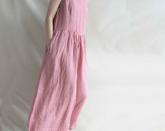 Handmade Red Plaid Linen Jumpsuit: Sleeveless Wide Leg Overalls