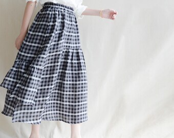 Asymmetrical Gingham Linen Skirt, Black Plaid Midi Skirt with Elastic Waist, Artistic Handcrafted Bottoms for Women