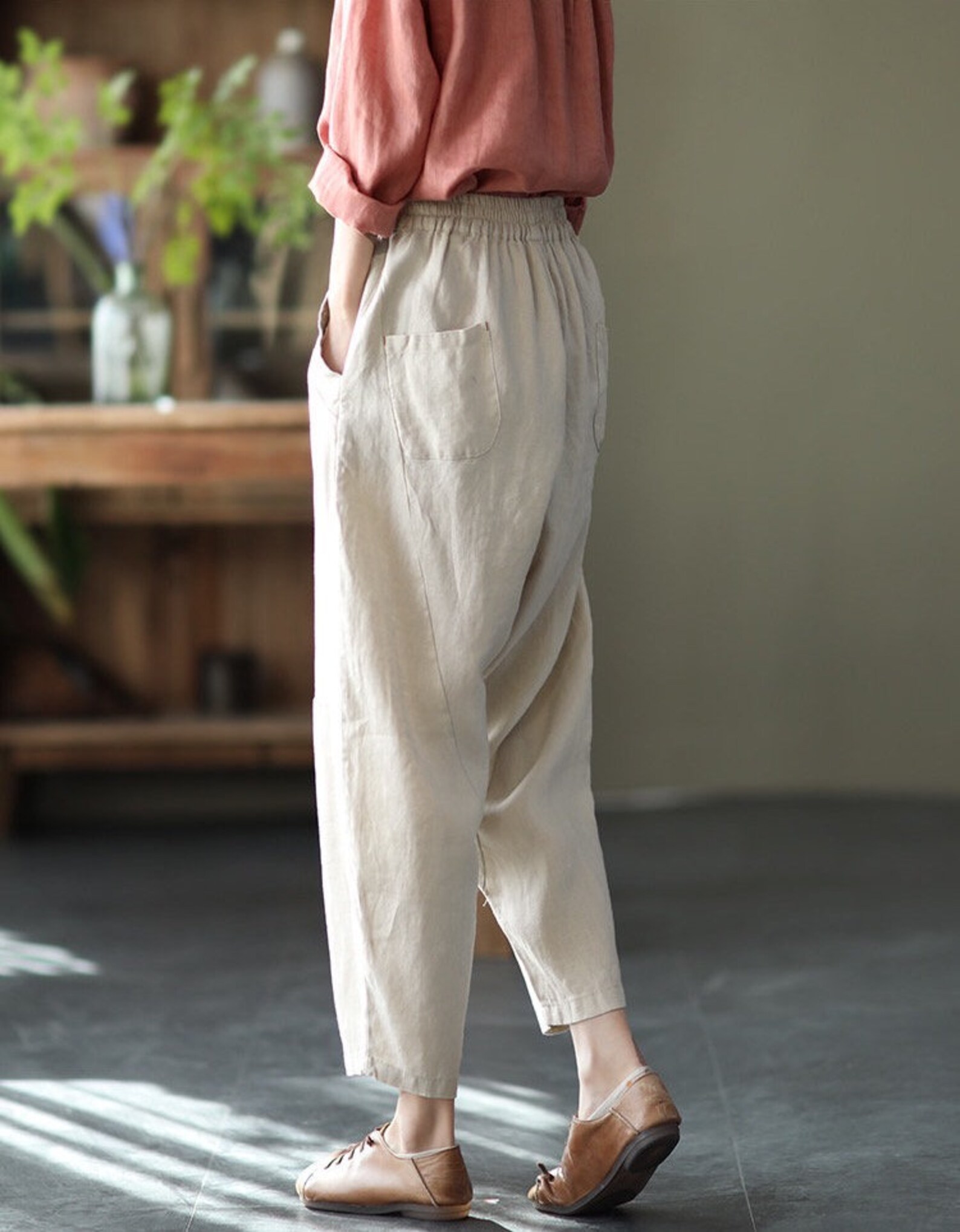 Comfortable Loose Linen Pants Tapered Pants Elastic Waist | Etsy