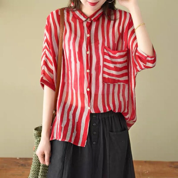 Women Stripe Blouse, Loose Linen Shirt, Vintage Linen Tops, Summer Shirt, Loose Linen Blouse, Summer Blouse, Long Sleeve Blouse, Boho Tops