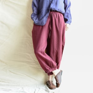 Washed Linen Pants Women, Casual Linen Trousers, Natural Linen Wide Leg Pants, Women Soft Linen Trousers, Slightly Tapered Linen Pants