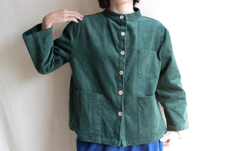 Women Corduroy Coat Jacket Green Big Pocket Jackets Streetwear Coat Wood Button Trench Coat Casual Jacket Handmade Cotton Coat Gifts For Her image 9