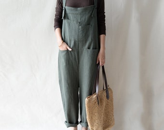 100% Linen Overalls Leisure Pants Women Linen Jumpsuits Loose Bib Pants With Pockets Green Romper Handmade Pants Casual Overalls Harem Pants