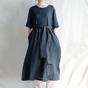 Women Summer Oversized Short Sleeve Dress, Boho Loose Fit Pure Linen Dress with Belt, Casual Maxi Dress, Loose Fit Dress, Minimalist Dress