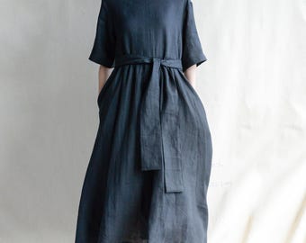 Handmade Linen Maxi Dress with Belt: Oversized Boho Summer Dress
