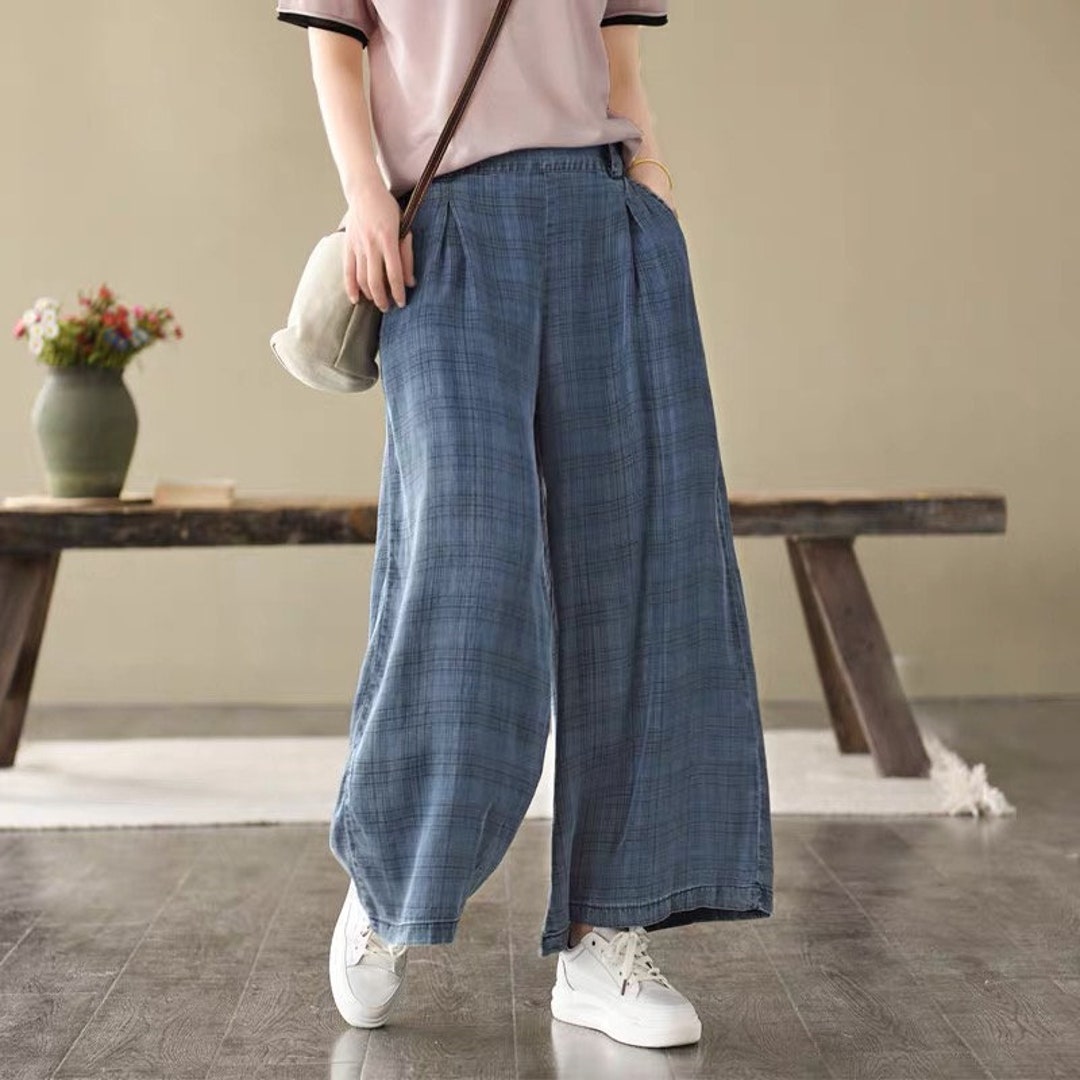 Women Leisure Pants Plaid Pants Wide Leg Pants Silk Cotton - Etsy