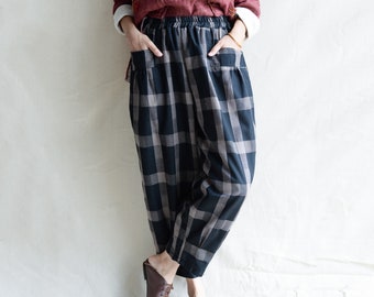 Women Casual Black Plaid Pants Retro Trousers Lounge Linen Pants Elastic Waist Pant Straight Leg Pants Classic Cropped Pants Made To Measure