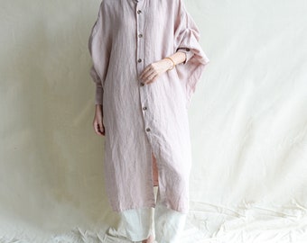 100% Linen Maxi Dress: Pink Bat Sleeves, Oversized Lantern Sleeves