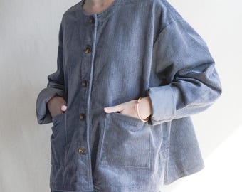 Gray Short Corduroy Jacket with Big Pockets: Oversized Cotton Coat, Comfy Corduroy Top