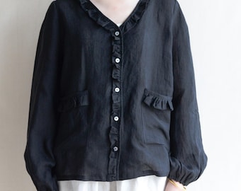 Ruffle Neck Linen Blouse for Women, Vintage Black Long Sleeve Button Down Top, Loose Casual Shirt