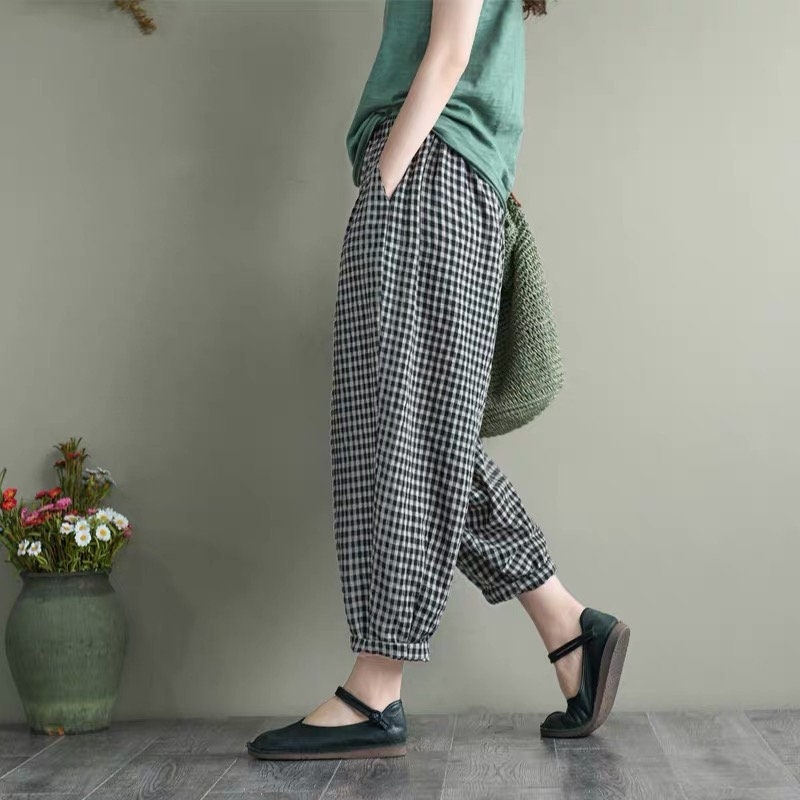 Vintage Cropped Plaid Linen Pants Spring Elastic Waist Pants - Etsy