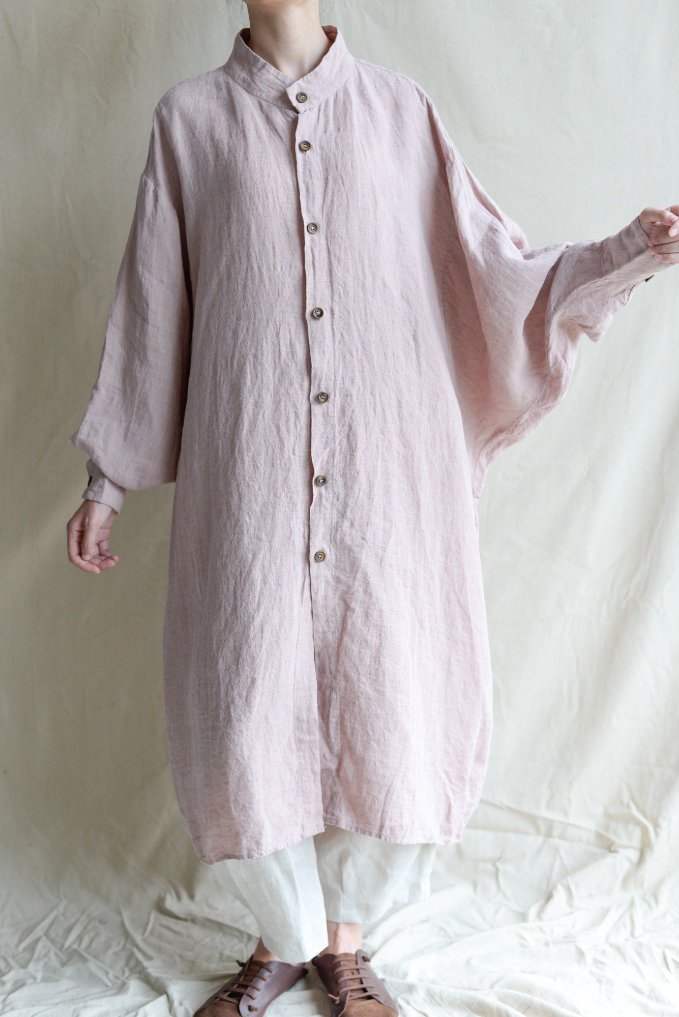 100% Linen Maxi Dress: Pink Bat Sleeves, Oversized Lantern Sleeves