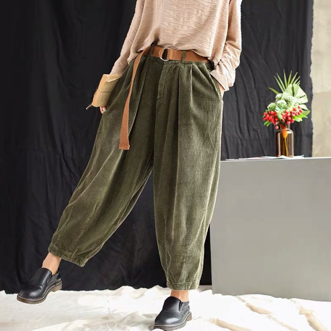 Women Thicken Warm Corduroy Pants Green Corduroy Trousers Vintage Pleated Corduroy  Pants Wide Leg Pants Oversized Trousers Winter Warm Pants -  Singapore