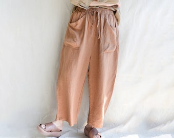 Women Big Pockets Linen Pants Trousers Handamde Wide Leg Linen Pants Vintage Linen Pants Yoga Pants Casual Linen Trouser 50 Colors Available