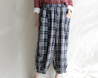 Retro Bloomers Pants For Women Linen Plaid Pants Handmade Oversized Trouser High Waist Cropped Pants Wide Leg Pants Casual Pant Gift For Her