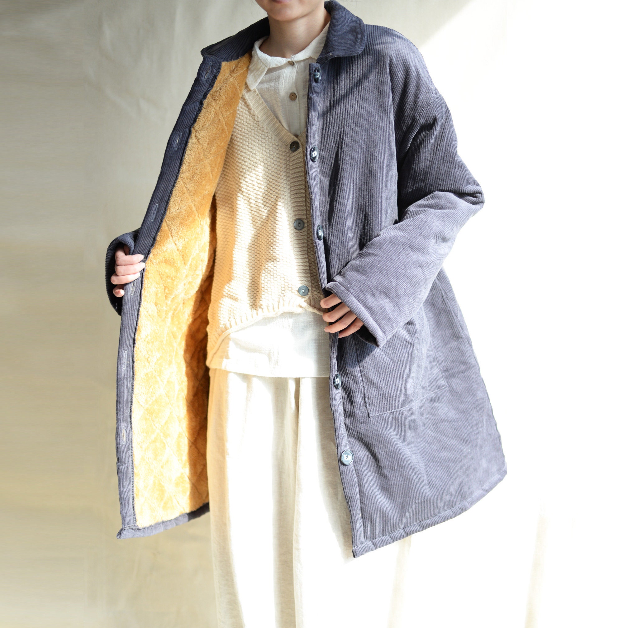 Women Thick Corduroy Coat Vintage Duster Mid-length Warm