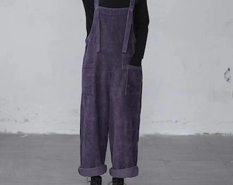Combinaisons amples pour femmes, salopette décontractée en velours côtelé, style Boho fait à la main, pantalon violet, pantalon à bretelles ample, combinaisons pour femmes