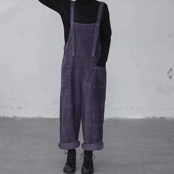 Women Loose Fitting Jumpsuits Casual Corduroy Overalls Boho Handmade Jumpsuits Purple Pants Loose Bib Pants Jumpsuits For Women