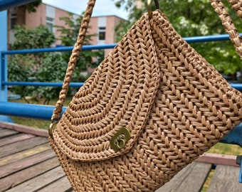 Gehäkelte Basttasche, Strohclutch, Handgelenktasche, gewebte Basthandtasche, gehäkelte Bast-Umhängetasche, kleine gehäkelte Tasche, handgefertigte Handgelenktasche
