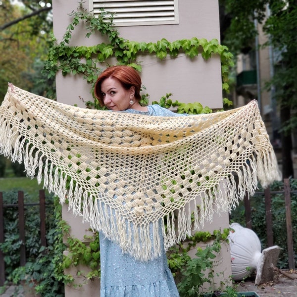 Granny Triangle Shawl Long Fringed Shawl Bride Shawl Fringe Women Big Shawl Crochet bridal shawl Shoulder shawl hand knit lace shawl