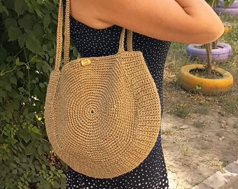 Crochet jute bag natural jute bag Jute handbag Jute beach bag round bag Ecofriendly bag Jute shoulder bag Vegan bag circle bag