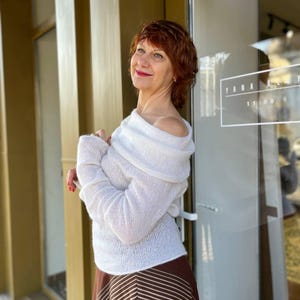 Mohair sweater white bridal sweater wedding hand knit sweater light sweater handmade summer sweater one off shoulder sweater loose knit