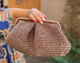 Metallic clutch raffia crossbody tas bronzen knoedeltas stro clutch raffia geweven clutch gehaakte raffia tas geweven raffia cloud tas