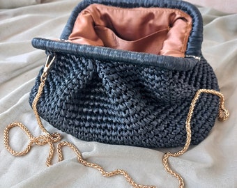 Metallic Raffia clutch bag Dumpling bag Raffia handbag summer Crochet raffia bag black Straw raffia bag raffia crossbody bag