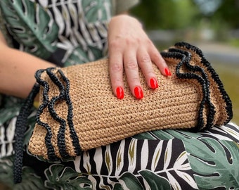 Crochet raffia bag crochet crossbody raffia clutch woven clutch straw wristlet clutch raffia purse small crochet bag raffia handbag summer