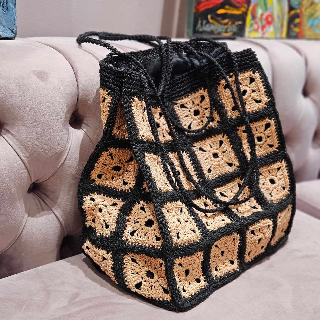 Crochet Raffia Bag Granny Square Bag Raffia Tote Bag Large Crochet Bag ...