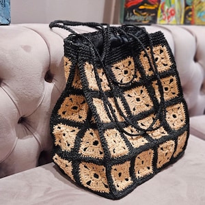 Crochet raffia bag Granny square bag Raffia tote bag large crochet bag Straw raffia bag Raffia handbag summer raffia shoulder bag