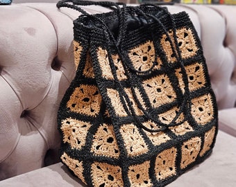 Raffia tote bag crochet raffia bag summer Granny square bag Straw raffia bag Raffia handbag raffia shoulder bag large crochet bag