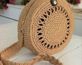 Crochet crossbody round bag crochet raffia handbag summer raffia purse small crochet bag circle bag handmade raffia bag