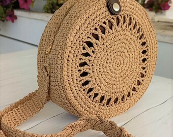 Crochet raffia bag crochet crossbody round bag raffia handbag small crochet bag raffia purse circle bag handmade raffia bag crochet boho bag