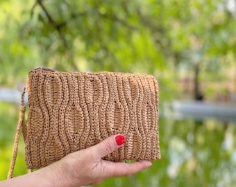 Bolso de rafia, pequeño bolso de crochet, clutch de rafia, monedero de rafia, clutch de paja, bolso de rafia tejido a mano, clutch de rafia con cremallera