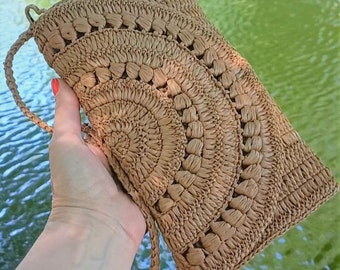 Bolso de mano de rafia de crochet, bolso bandolera de rafia beige, bolso de mano de rafia, bolso de mano de paja, bolso de mano de muñeca, cartera de muñeca hecha a mano