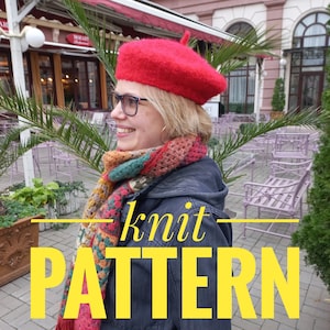 May include: A red beret and a colorful knit scarf are worn by a person. The scarf has a patchwork design with various colors. The image also includes the words "knit PATTERN" in yellow.