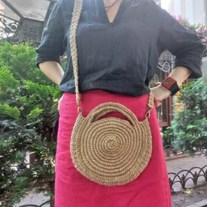 Handgewebte Tasche Jute Crossbody natürliche Jutetasche Umweltfreundliche Tasche Vegan Tasche Jutehandtasche kleine Häkeltasche Jute Handtasche Kreis Tasche rund