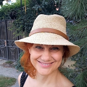 Raffia fedora hat beige Straw hat Summer hat raffia crochet hat Beach hat raffia Sun hat raffia Wide brim hat crochet sun hat