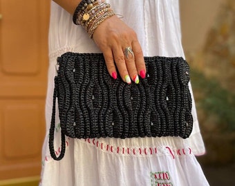 Crochet raffia clutch bag black Straw wristlet summer raffia bag Raffia handbag small straw bag Woven clutch raffia straw clutch