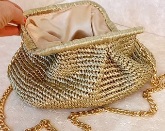 Bolso de mano metálico, bolso de mano de rafia, bolso de mano dorado, bolso de rafia tejido, bolso de mano de paja de rafia, bolso Dumpling, bolso de rafia hecho a mano, bolso de verano, bolso nube