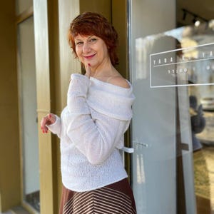 Bridal sweater Mohair sweater white hand knit sweater light sweater wedding handmade summer sweater off shoulder sweater loose knit sweater