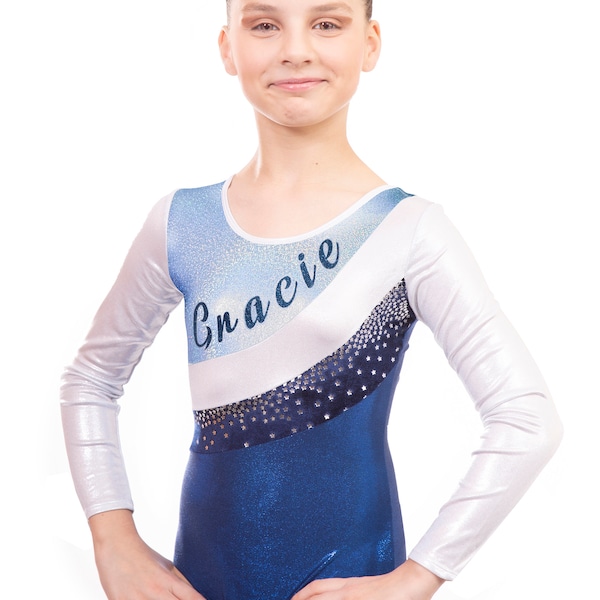 Personalised Long Sleeve Jazmin Blue Girls Gymnastics Leotard with Custom Name in Blue Glitter