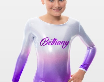 Personalised Long Sleeve Silver to Purple Ombre Mystique Shiny Foil Metallic Girls Gymnastics Leotard with Custom Name in Purple Glitter