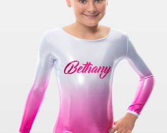 Personalised Long Sleeve Silver to Pink Ombre Mystique Shiny Foil Metallic Girls Gymnastics Leotard with Custom Name in Pink Glitter
