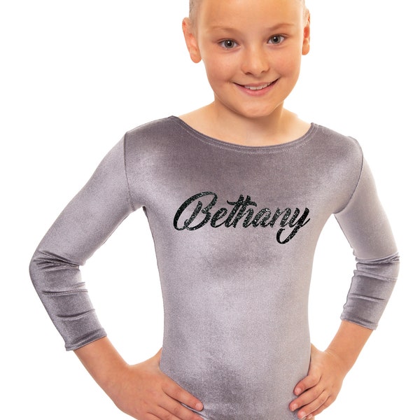 Personalised Silver Stretch Velvet Long Sleeve Dazzling Girls Gymnastics Leotard with Custom Name in Black Glitter